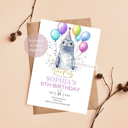 Birthday party invitation with a seal wearing a party hat and balloons on a beige background.