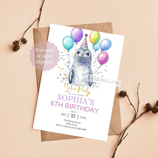 Birthday party invitation with a seal wearing a party hat and balloons on a beige background.