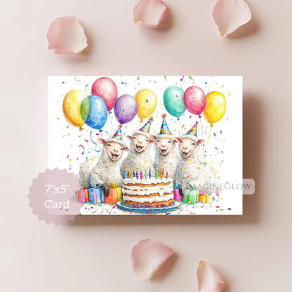 Birthday card with sheep around a cake and balloons on a light background