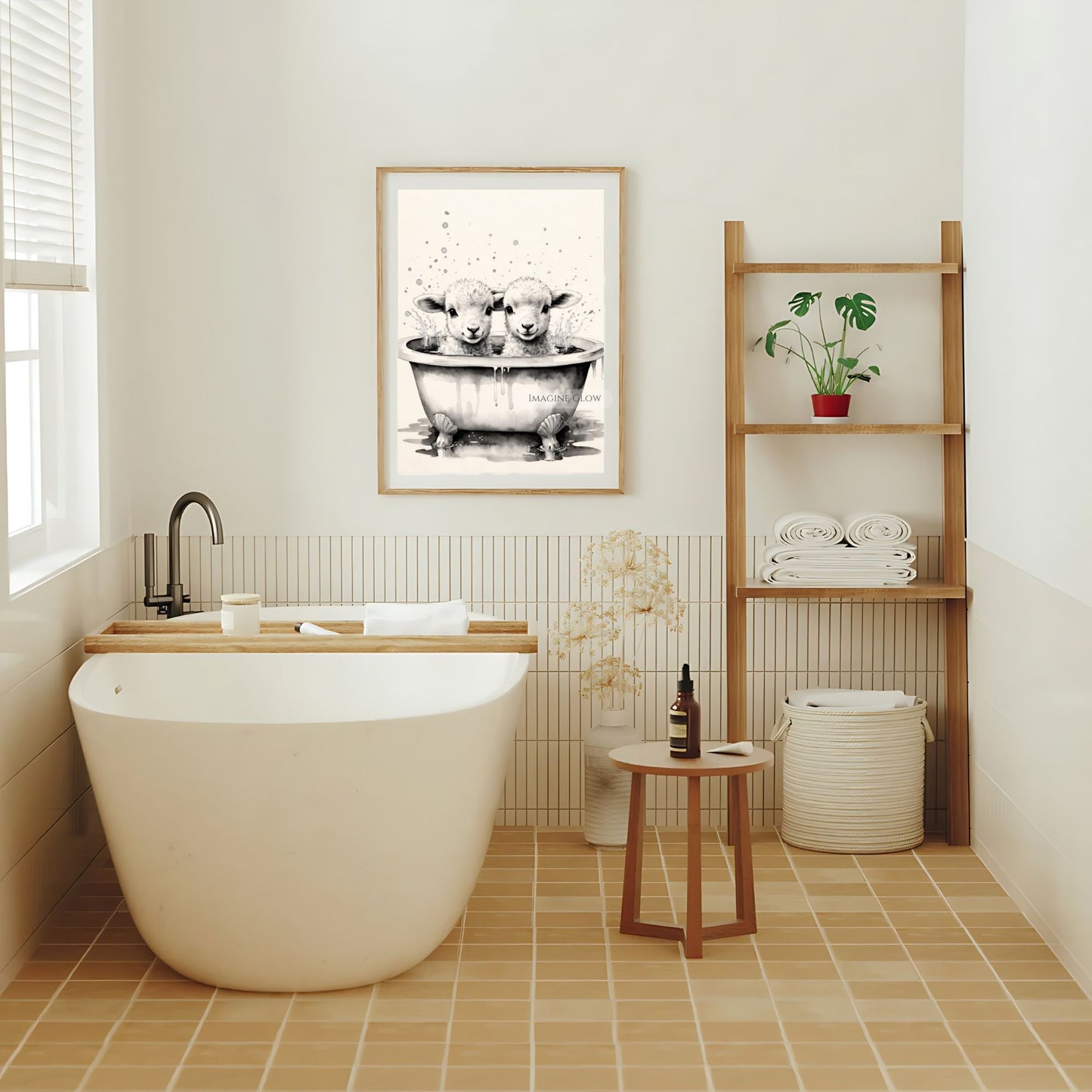 Country-style bathroom wall art featuring lambs in a bathtub
