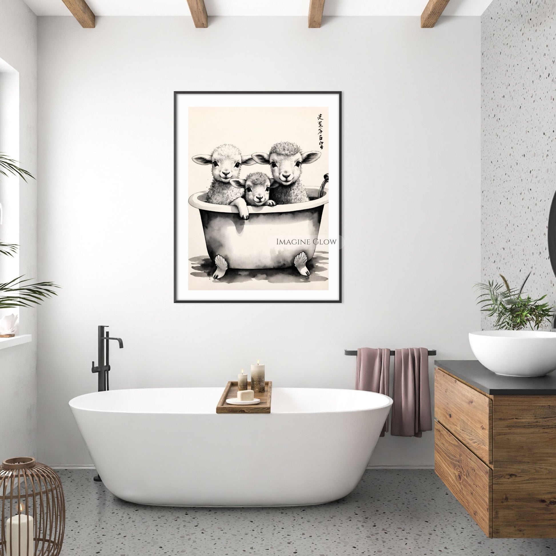 Whimsical sheep taking a bath vintage-style bathroom print
