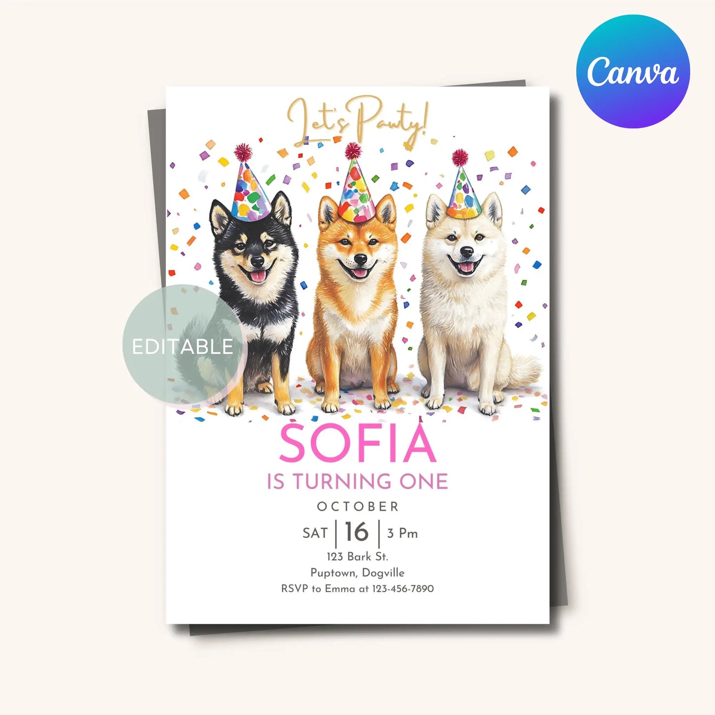 Shiba Inu dog-themed birthday invitation for kids
