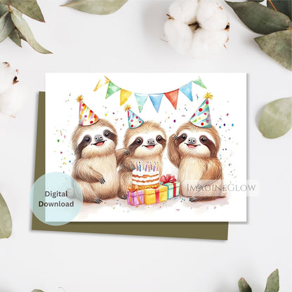 Birthday card with sloths and party decorations on a white background