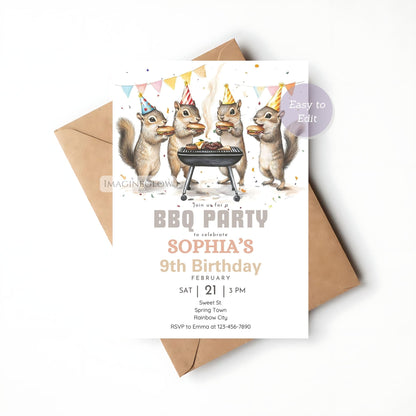 Printable squirrel birthday invitation with a cookout theme.
