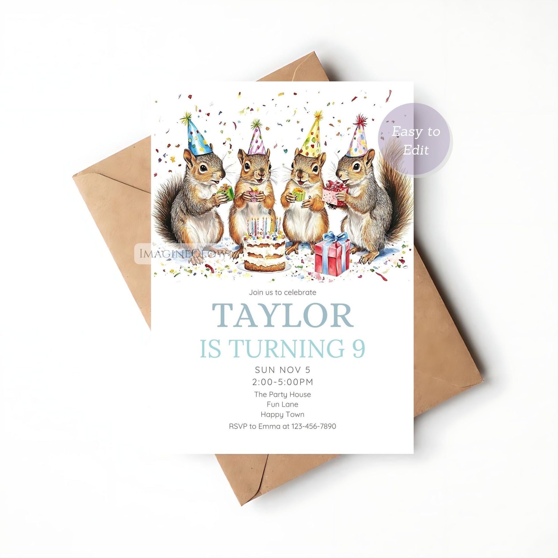 Editable Squirrel Birthday Invite - Forest Theme
