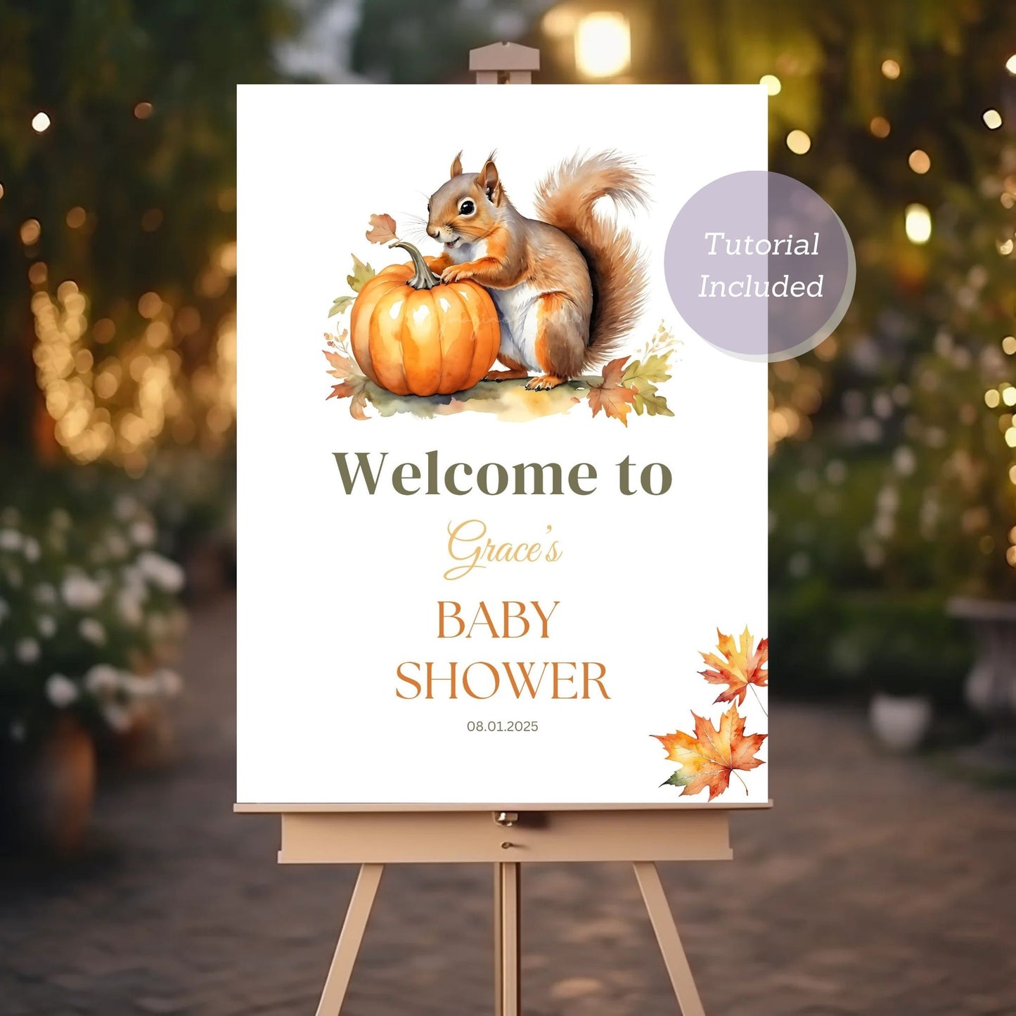 Printable squirrel and pumpkin-themed baby shower welcome sign.
