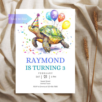 Marine-themed party invite featuring a cute turtle for kids.
