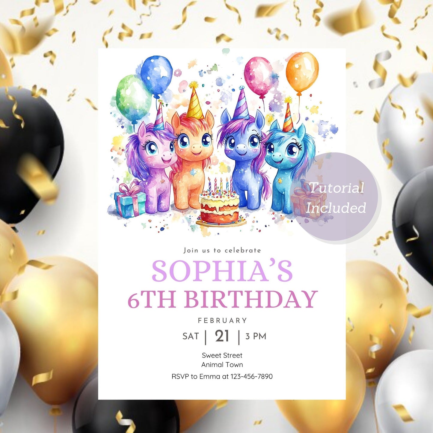 Cute and customizable unicorn party invite for kids' birthday.
Magical rainbow unicorn invite for a fun and colorful birthday party.