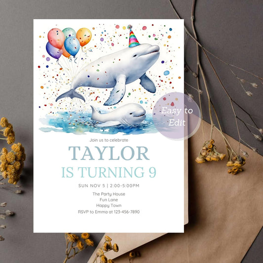 Fun marine-themed birthday invite featuring a beluga whale.
