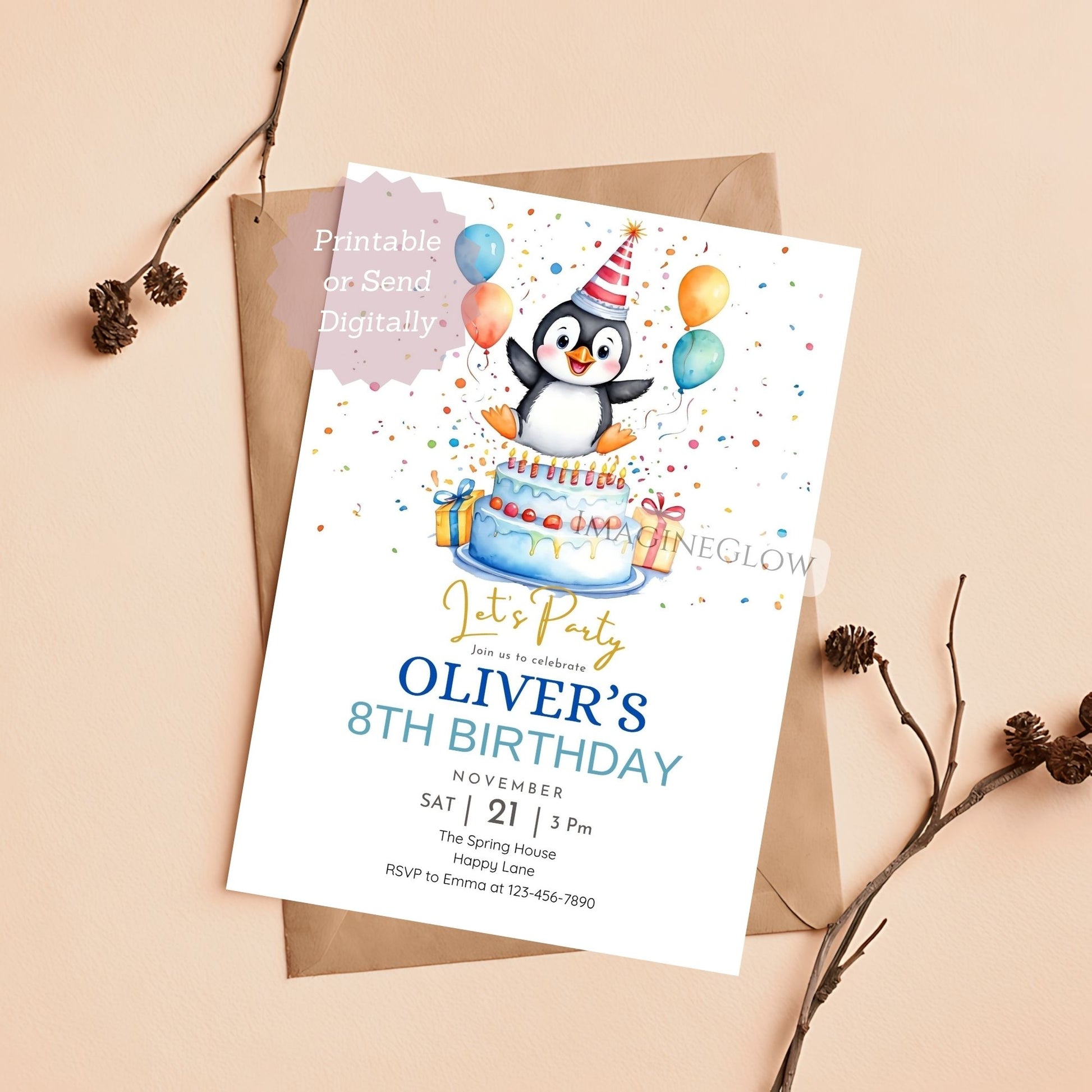 cute penguin themed kids birthday invite
