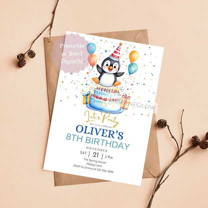 cute penguin themed kids birthday invite

