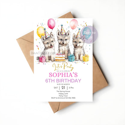 Woodland wolf party invite for girl
