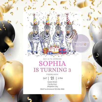 Zebra birthday invitation with jungle safari theme for kids’ party.
