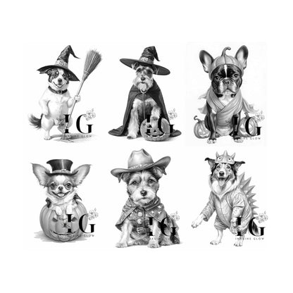 spooky and cute dog costume designs, perfect for Halloween coloring.