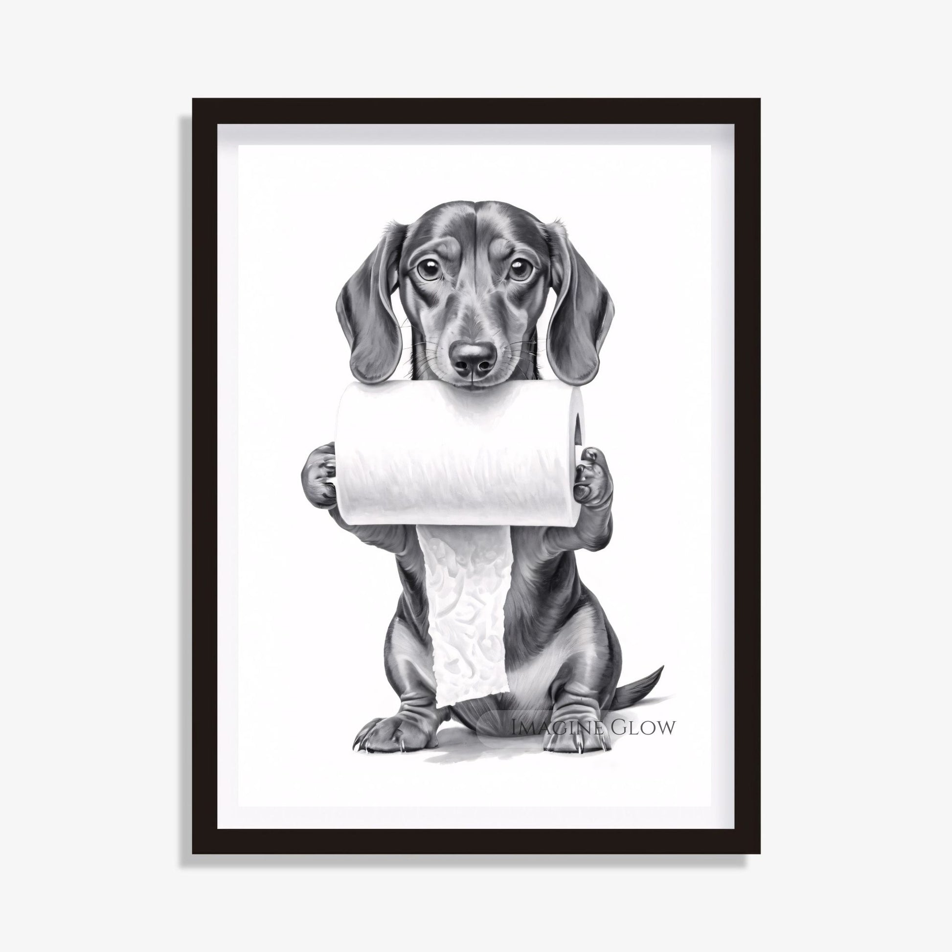 Adorable Dachshund holding toilet paper for funny wall art.
