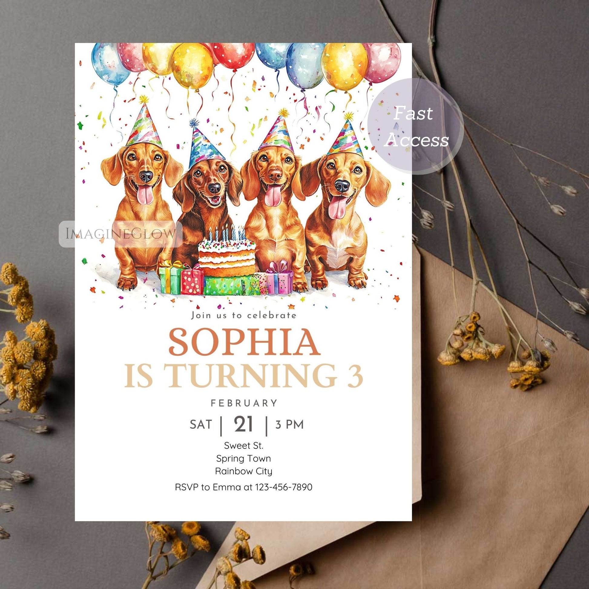 Fun puppy birthday invitation featuring a Dachshund dog
Dog lover’s Dachshund birthday invite with cute design