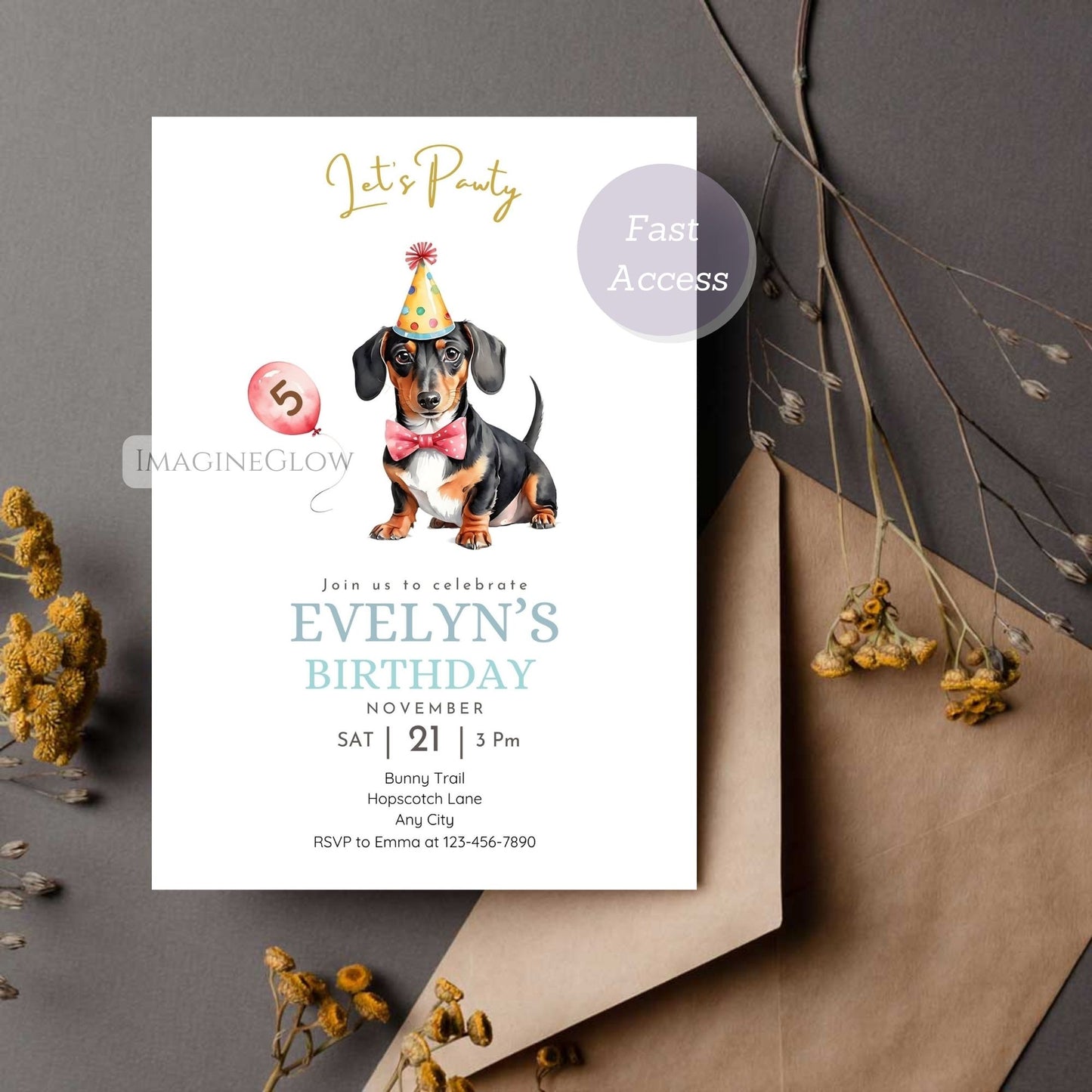 Instant download dachshund birthday invitation
