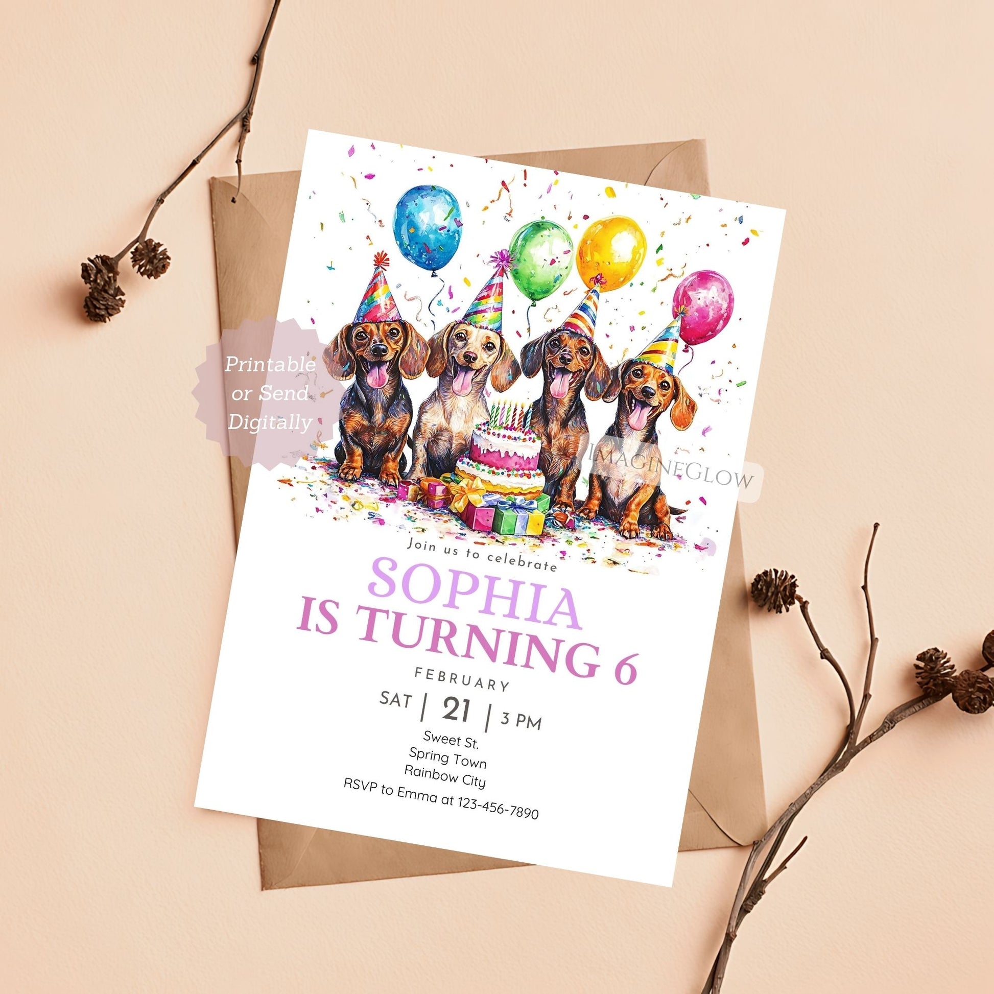 Cute Dachshund dog birthday invitation for puppy lovers
