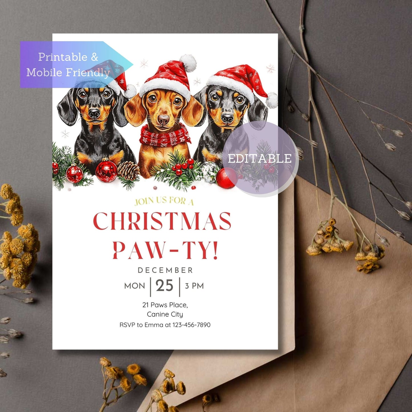 Dachshund Dog Christmas Party Invitation Template - Editable Holiday Invite