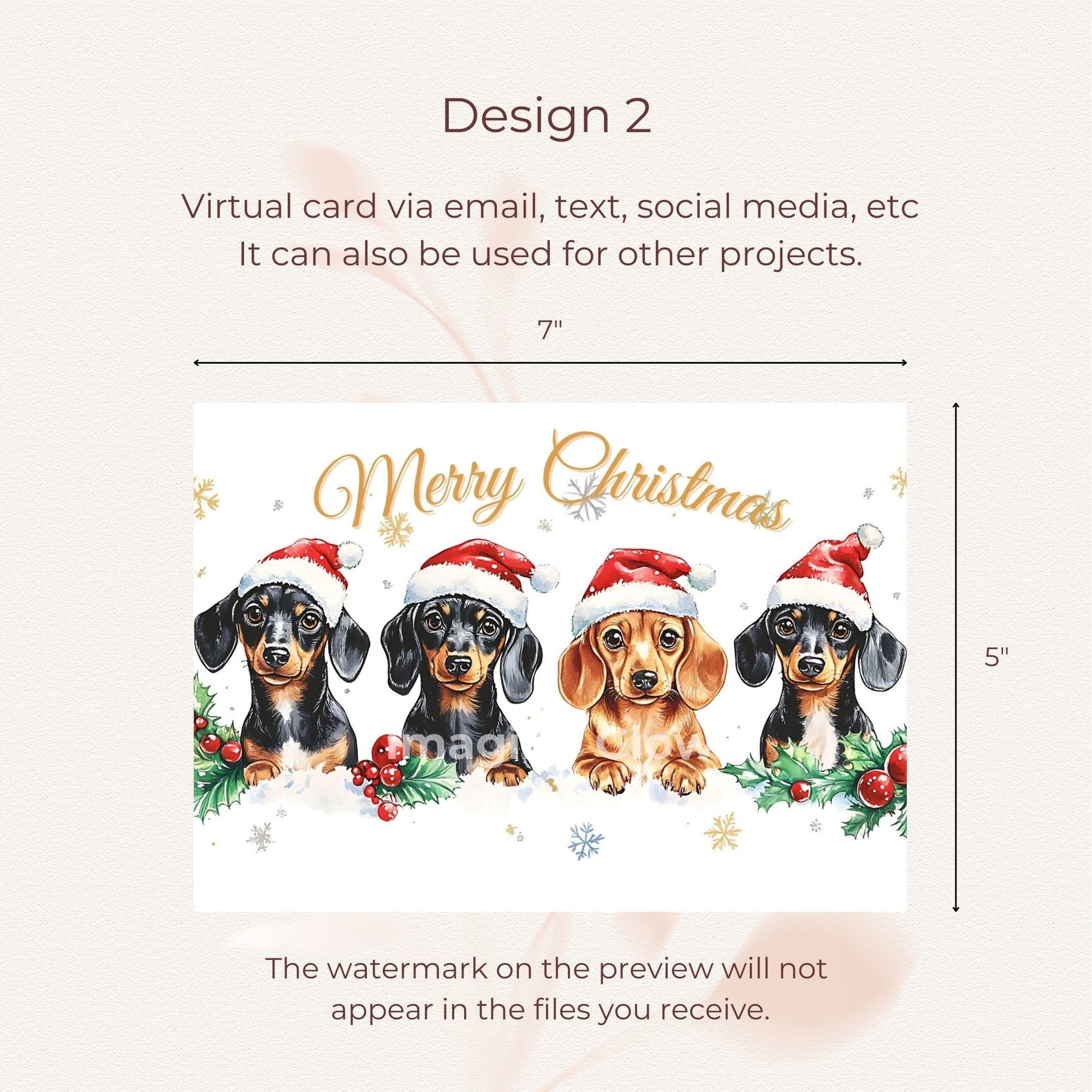 Dog-themed greeting card with Dachshund for Christmas.