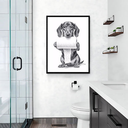 Humorous dog holding toilet paper print for restroom decor.
