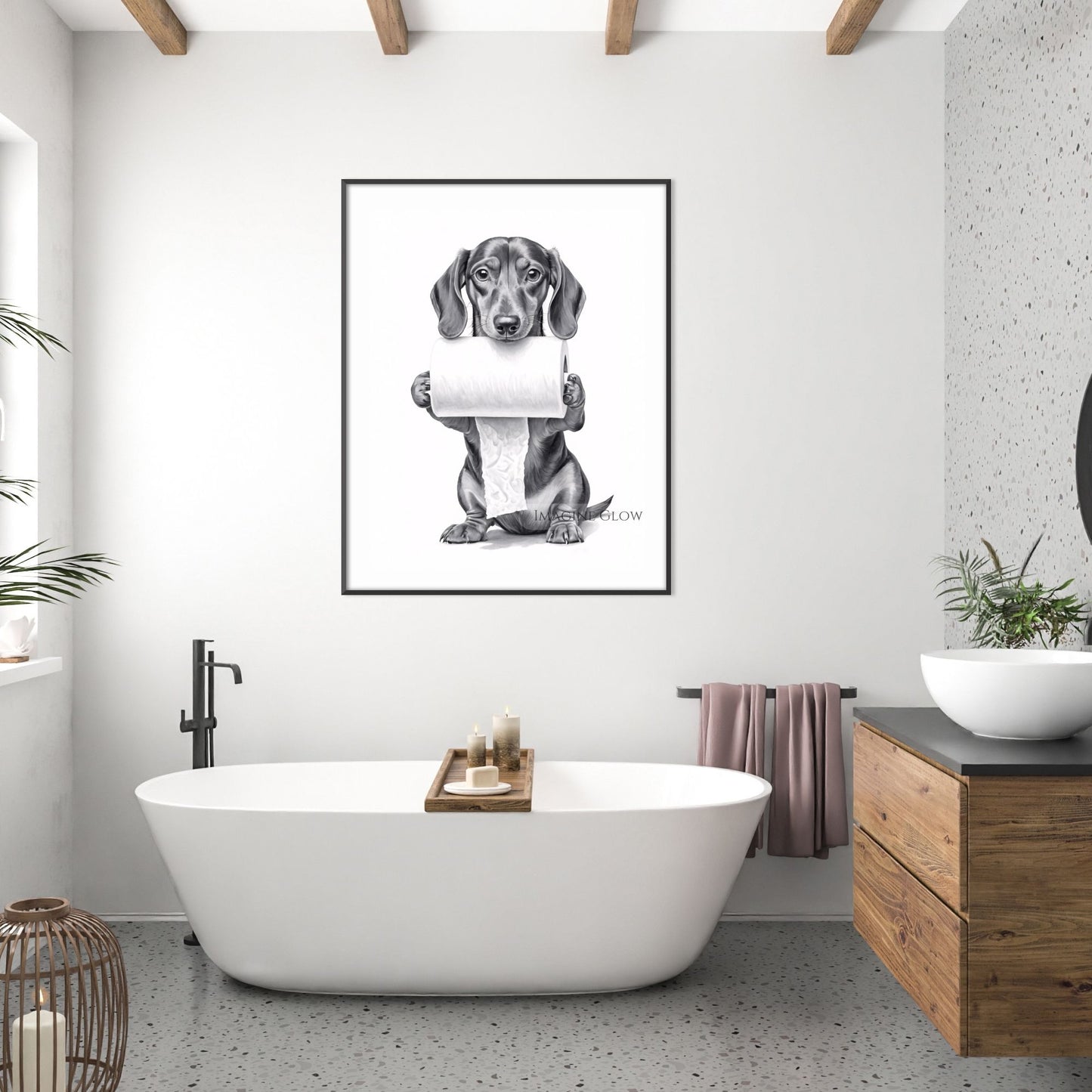 Funny dog-themed bathroom decor featuring a Dachshund.
