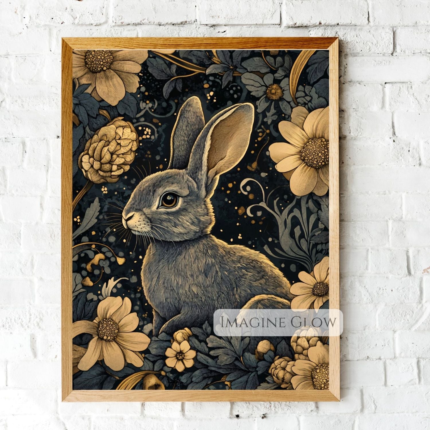 Moody bunny floral art print with dark florals and rabbit illustration
