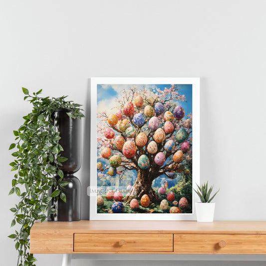 Easter Eggs Tree Art Print with pastel colors

