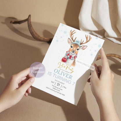 winter deer birthday invitation for boys and girls
