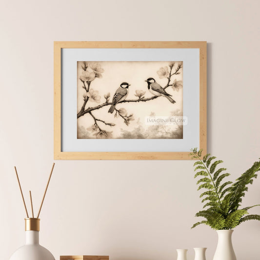 Vintage birds perched on a branch art print
