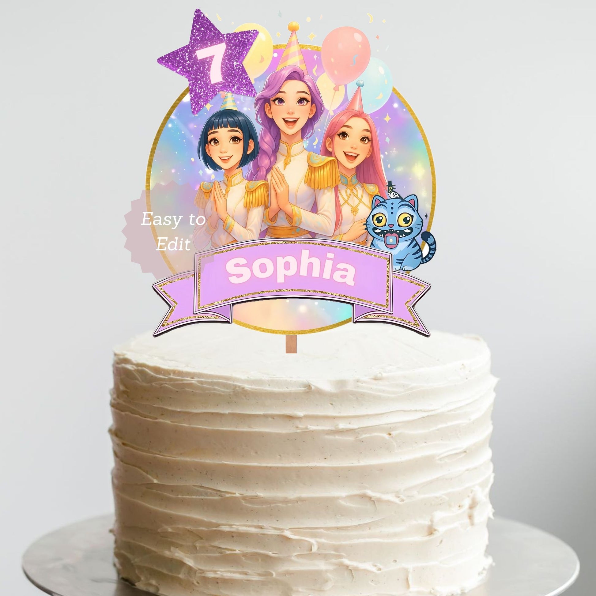 printable kpop party cake topper
kpop demon hunters dessert toppers
huntrix editable cake toppers
anime birthday cake party decor