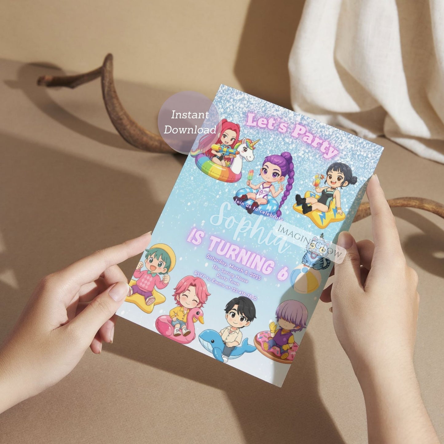 summer swim anime birthday invite