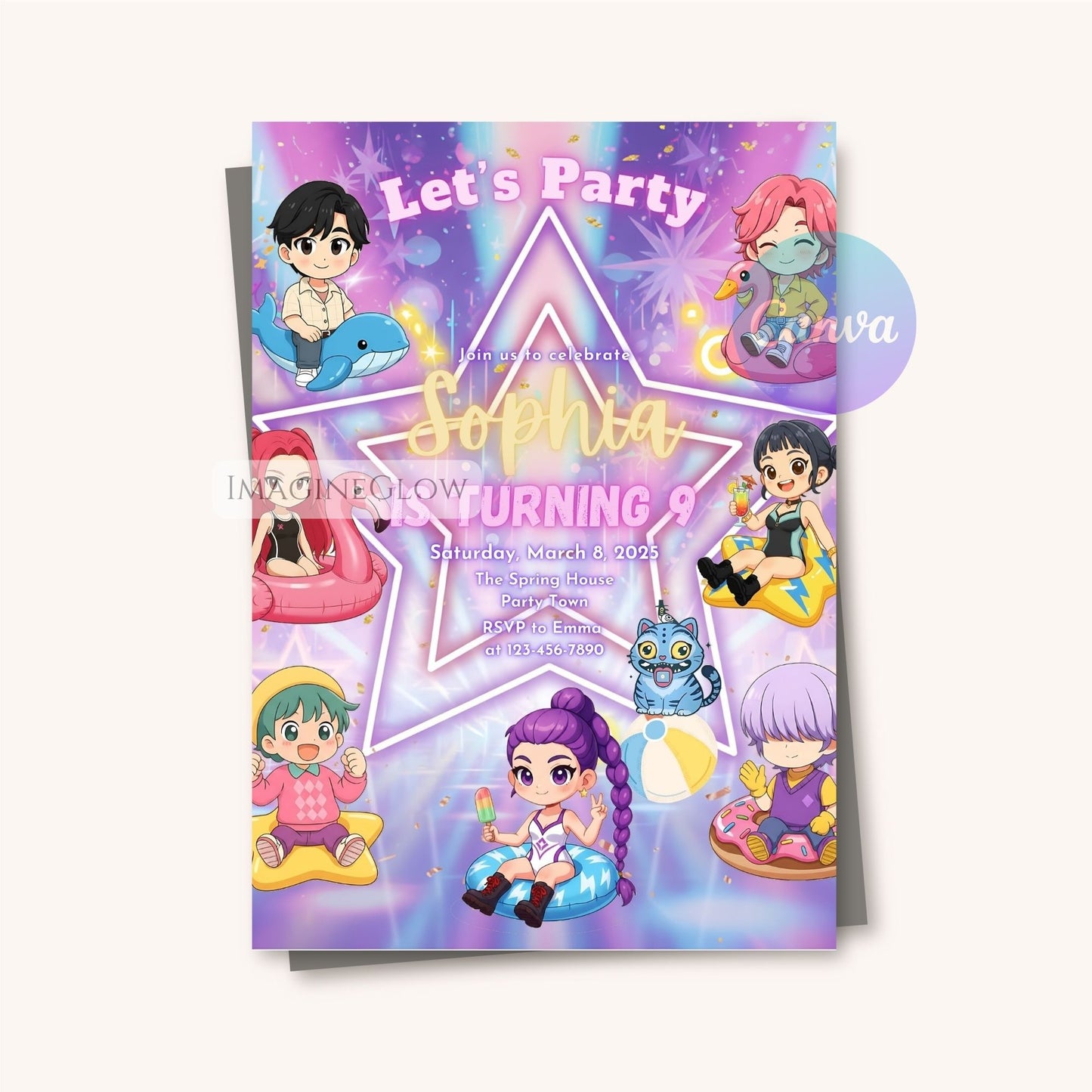 anime pool birthday card
huntrix beach party invitation
