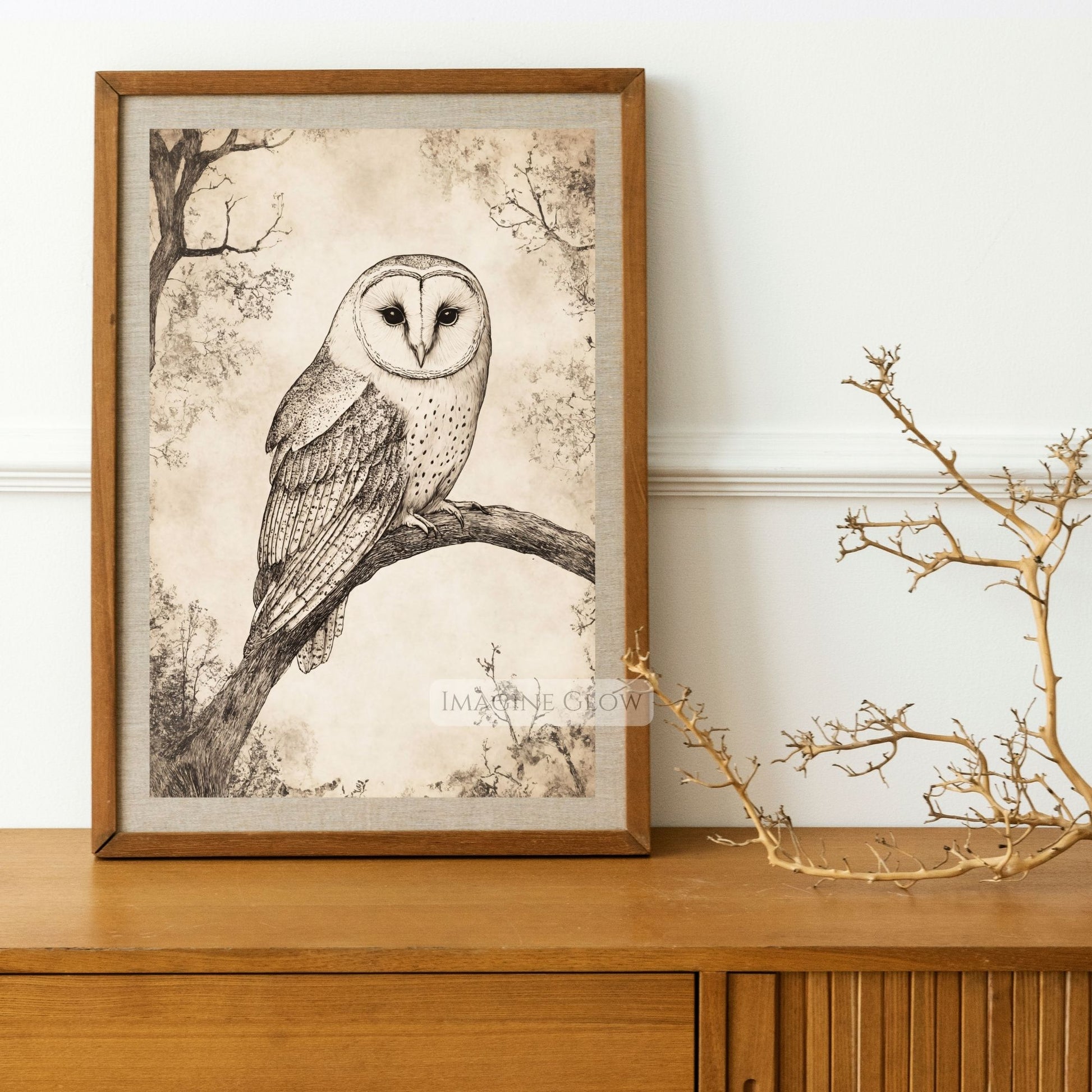 Rustic owl sketch wall art for nature-themed interiors.
