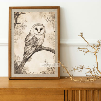 Rustic owl sketch wall art for nature-themed interiors.
