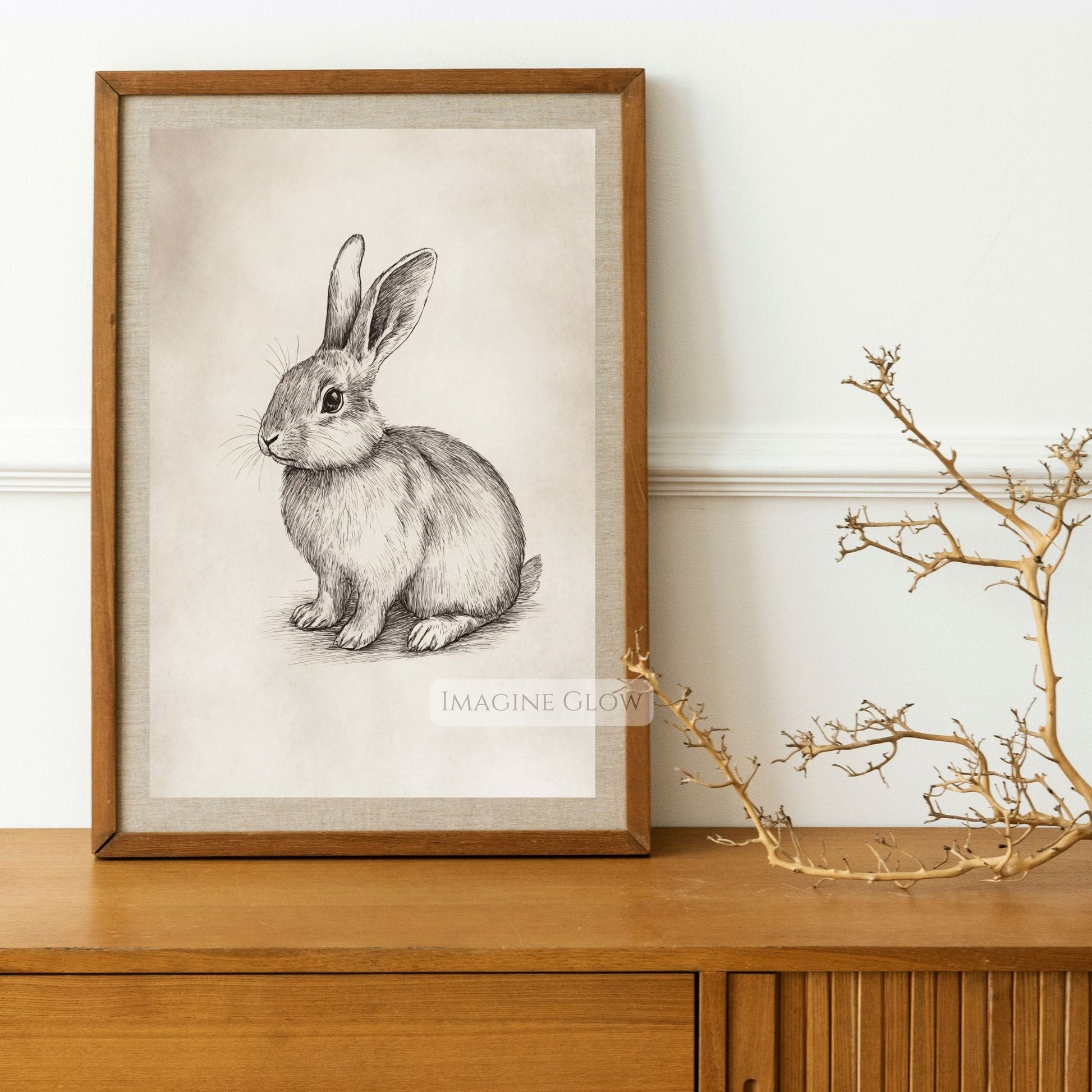 Vintage rabbit sketch art print for rustic home decor.
