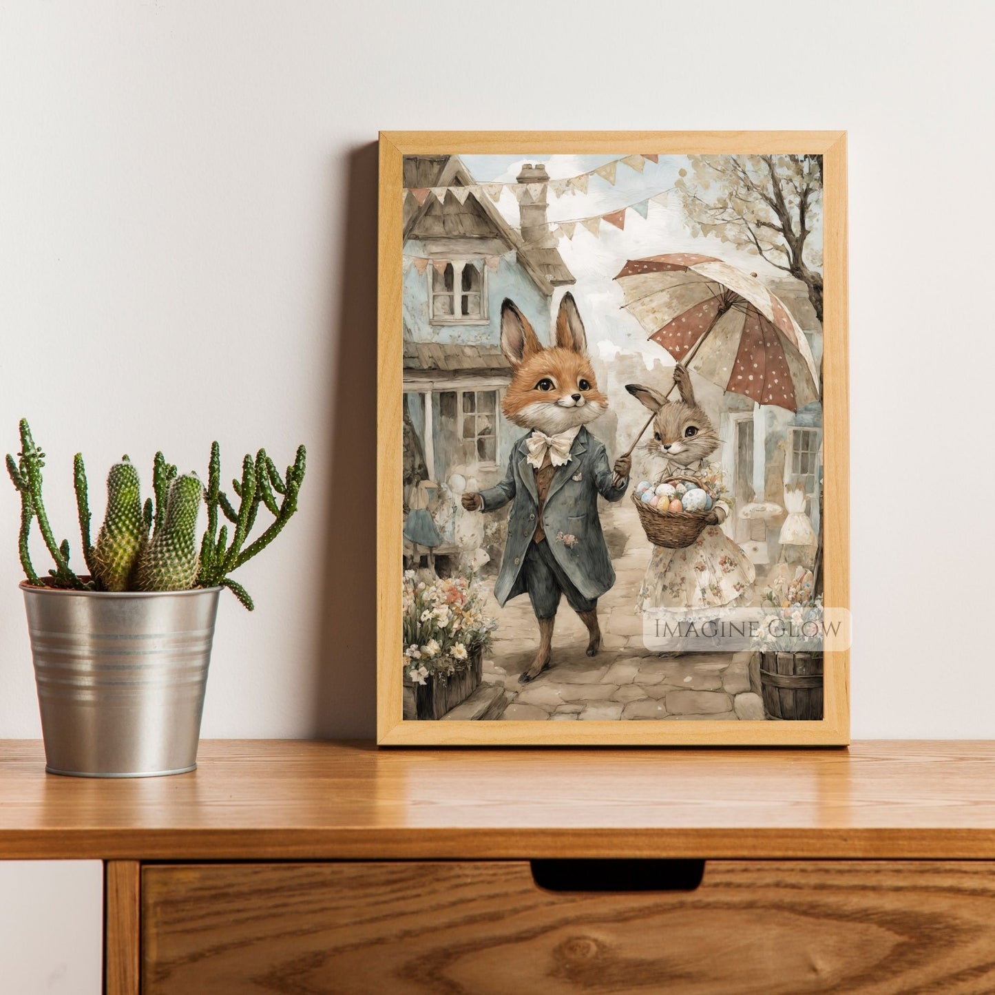 Easter Wall Art - Fox & Bunny with Floral Basket
