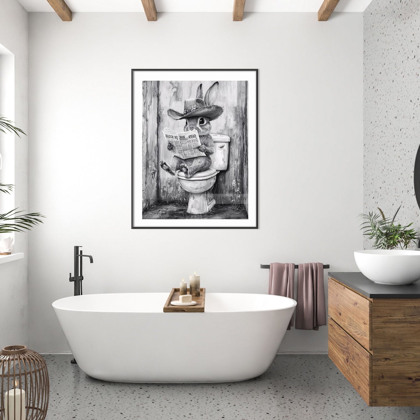 Rabbit sitting on toilet cowboy-themed digital artwork.
