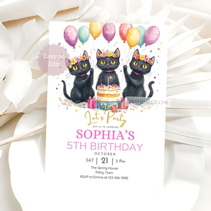 fun cat birthday invitation template
printable black cats birthday party invite
digital cat invitation editable download