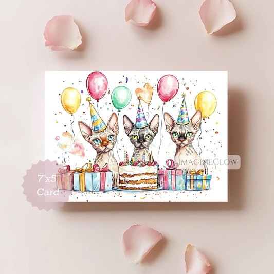 Birthday card with three cartoon cats wearing party hats, surrounded by balloons and a cake on a light pink background.