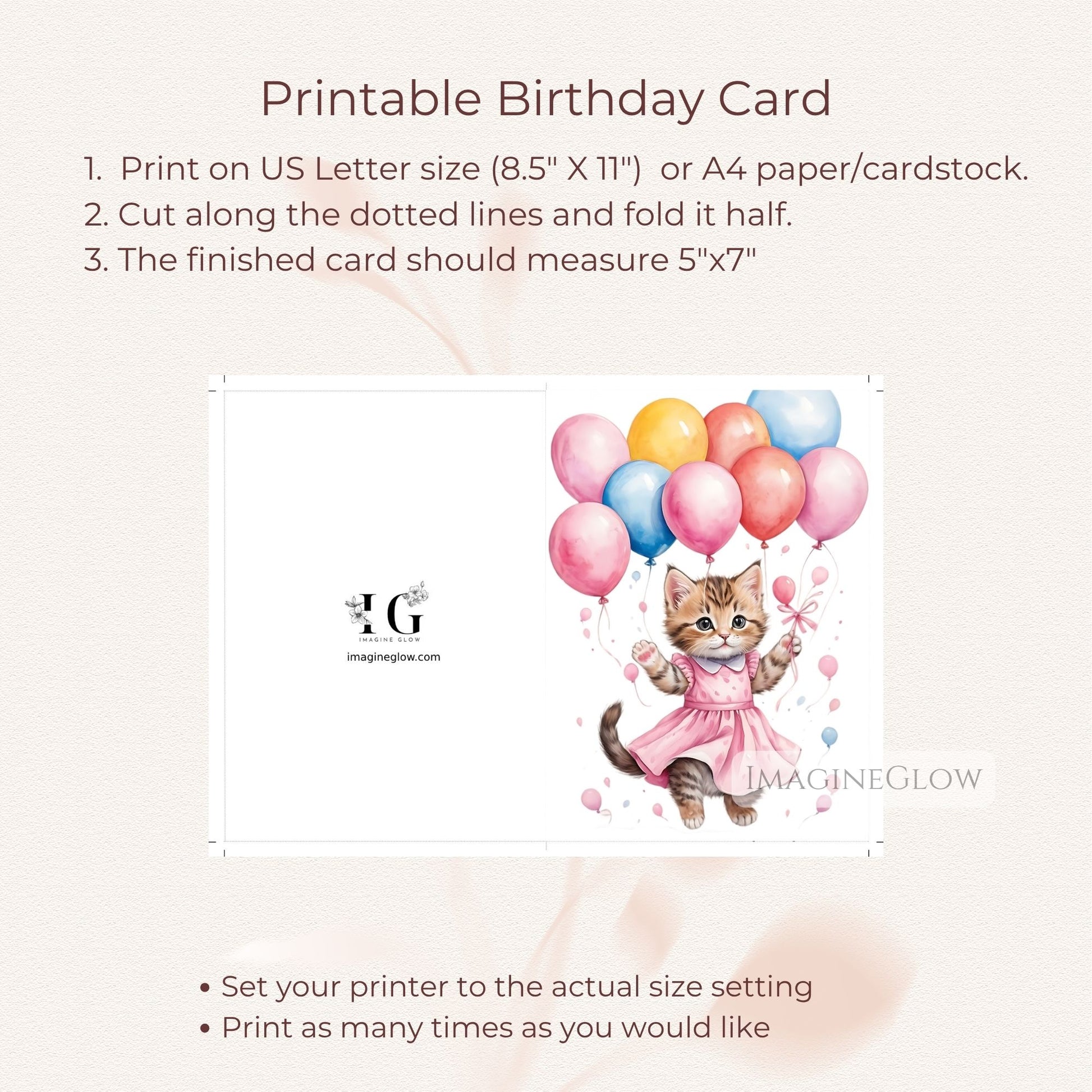 Meow-themed kitten birthday greeting
Digital cat birthday card for printing
