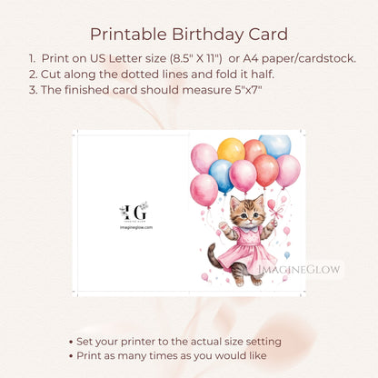 Meow-themed kitten birthday greeting
Digital cat birthday card for printing
