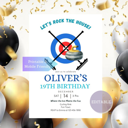 Curling party invitation template for a winter birthday event, mobile-friendly.