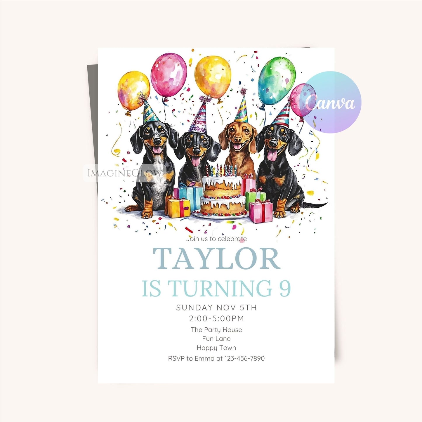 Digital Dachshund birthday invite featuring four cute dogs
