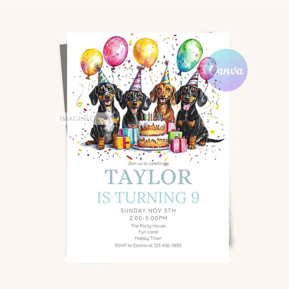 Digital Dachshund birthday invite featuring four cute dogs
