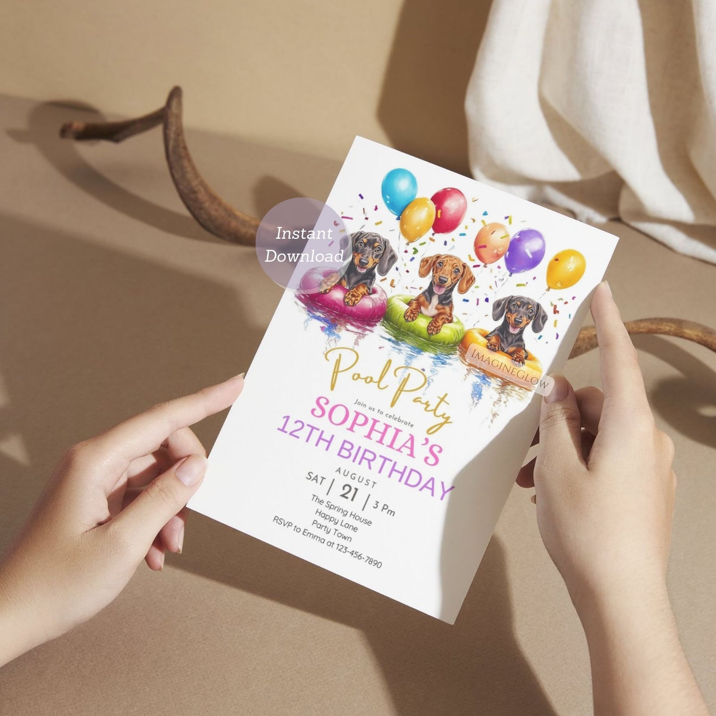 Fun water-themed birthday invitation with a playful Dachshund.
