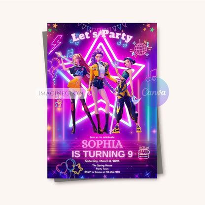 kpop inspired birthday invite
huntrix anime party invitation