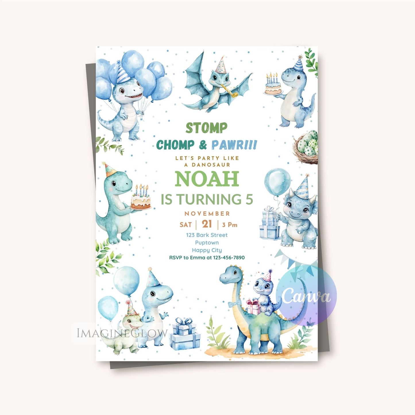 Dinosaur Birthday Invitation - Blue Theme Party Invitation