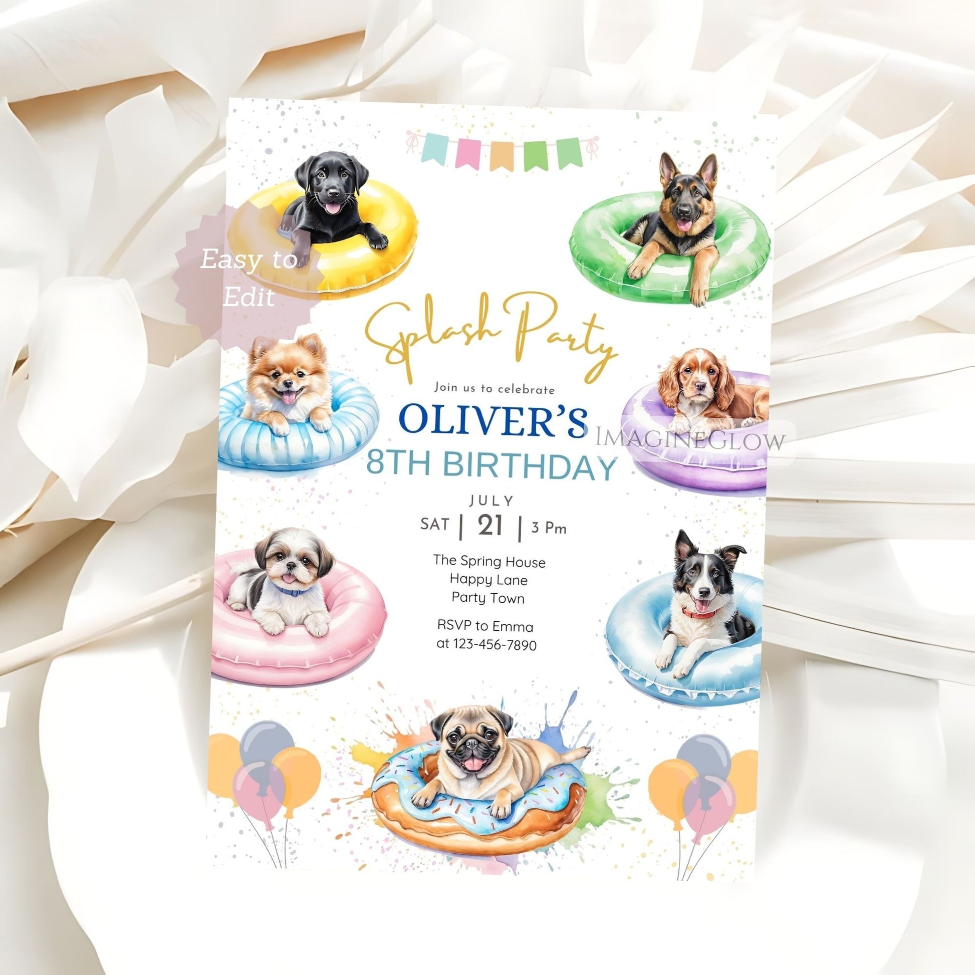 Birthday party invitation with dogs on inflatable rings on a white background