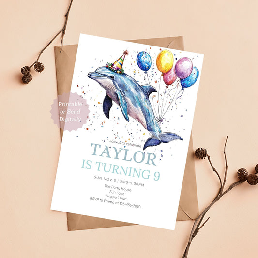 Dolphin birthday invitation with customizable details
